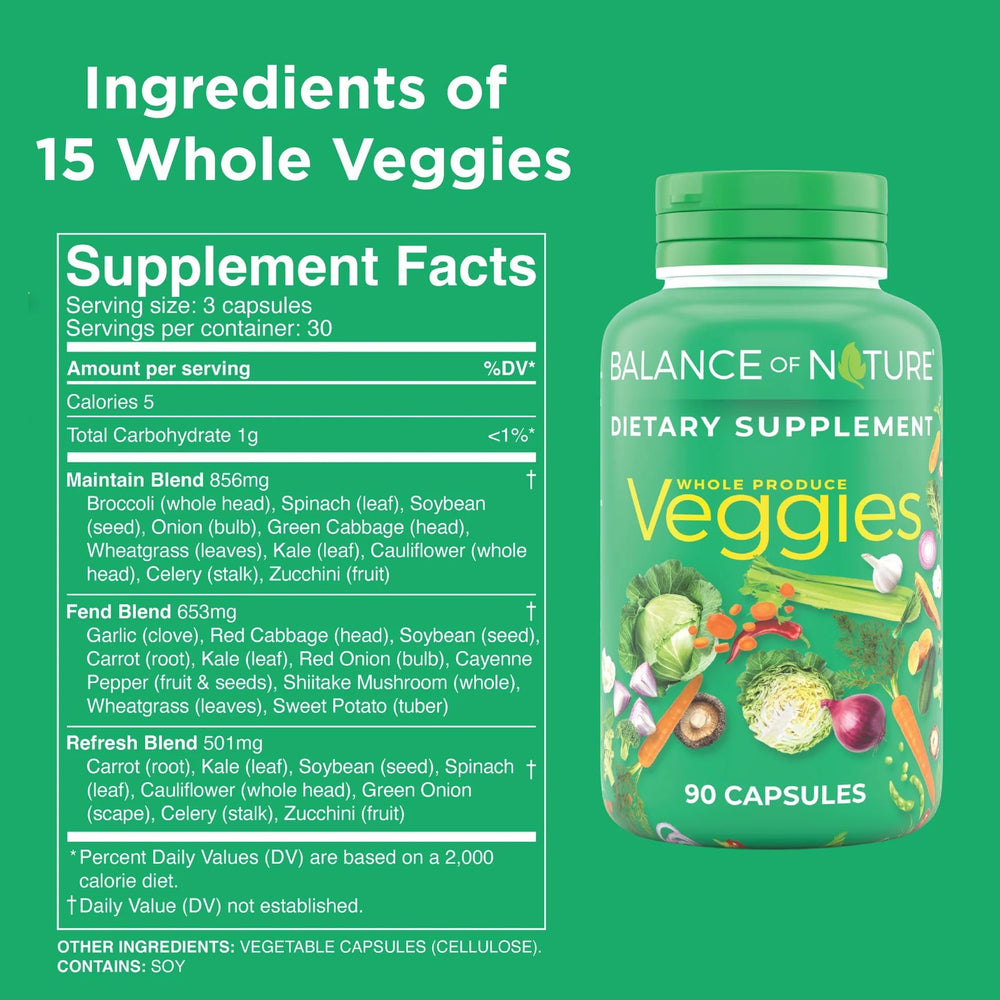 Balance of Nature Veggies bottle back label highlighting gluten-free, vegan formula