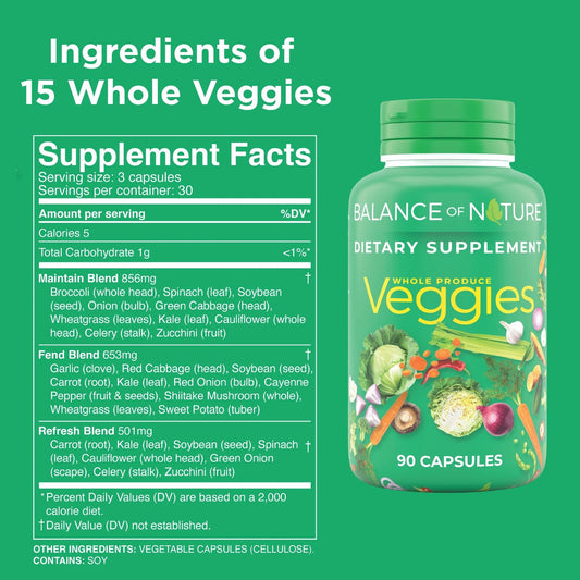Balance of Nature Veggies bottle back label highlighting gluten-free, vegan formula