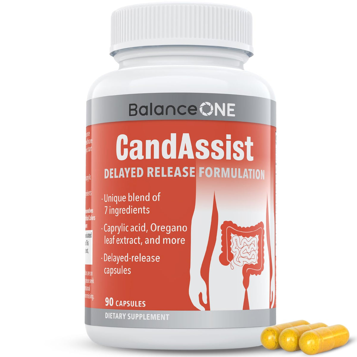 Balance ONE CandAssist bottle with capsules for daily gut balance support.