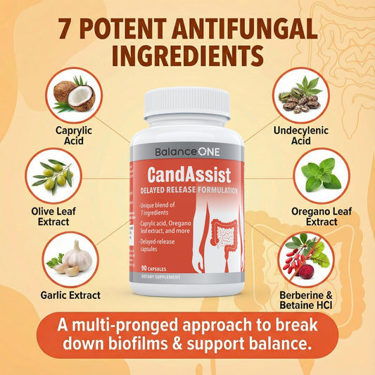 Balance ONE CandAssist capsules poured from bottle demonstrate easy daily intake.