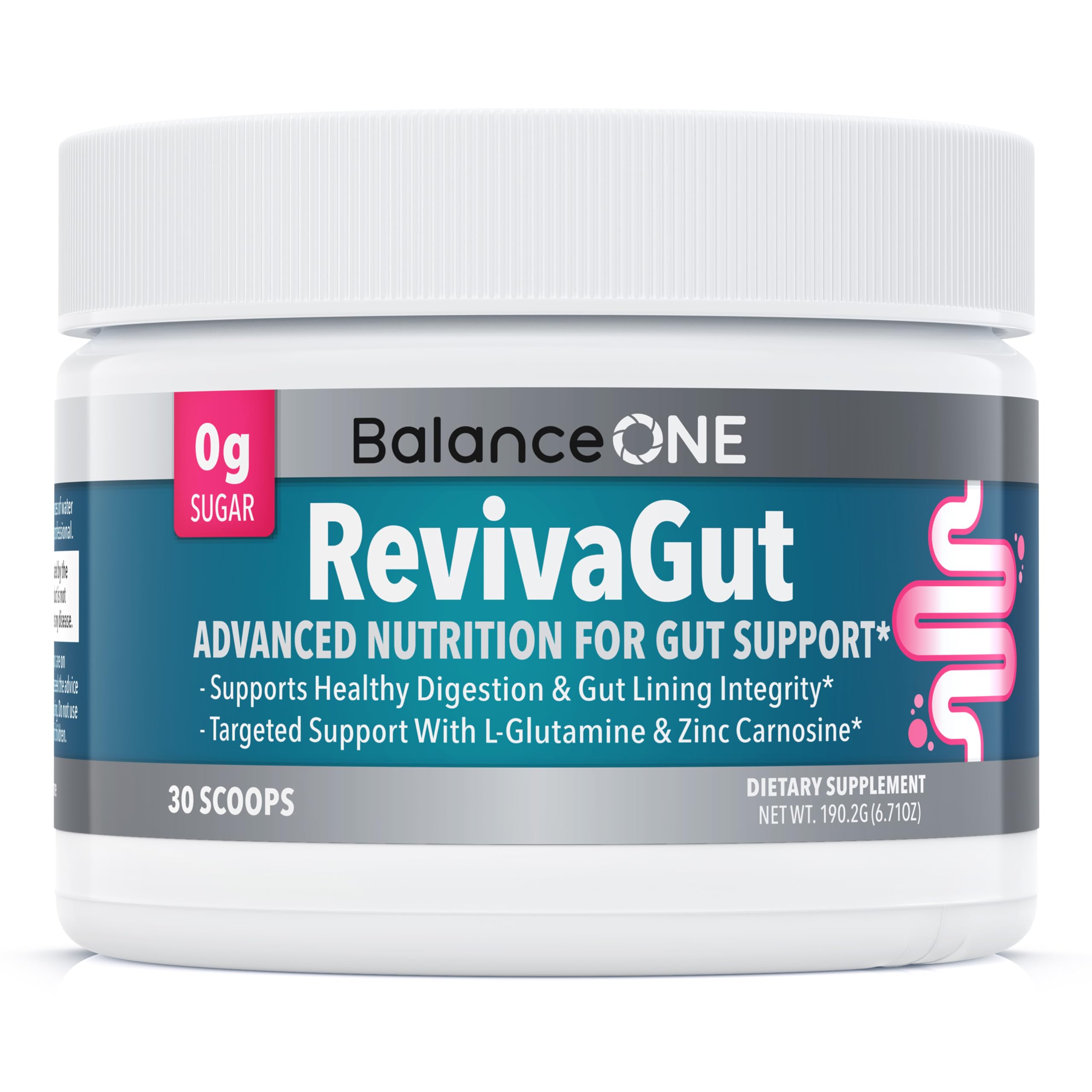 Balance ONE bottle close-up highlighting L-glutamine and zinc carnosine for gut support