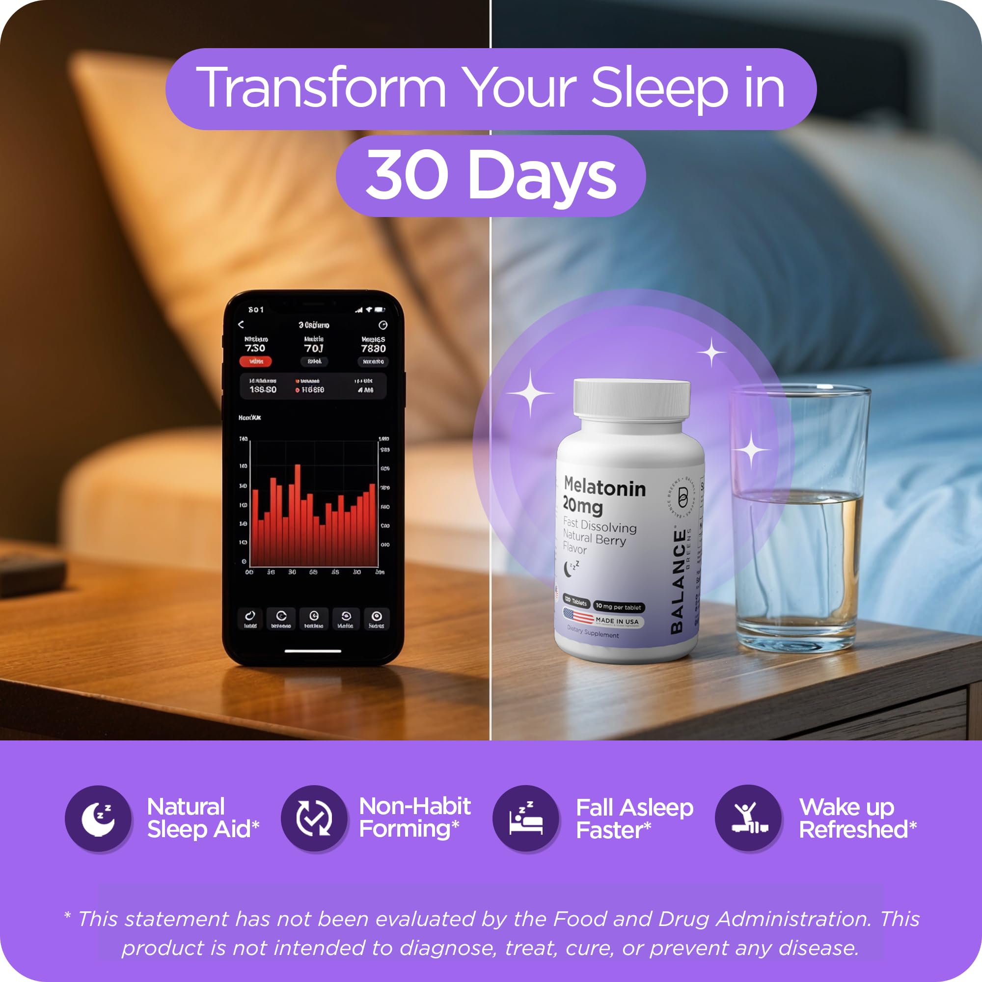 Balancebreens Melatonin 20mg 120-count bottle emphasizes long-lasting sleep support.