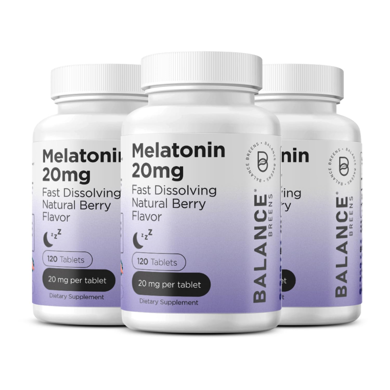 Balancebreens Melatonin 20mg fast-dissolve tablet in bottle highlights quick sleep support.