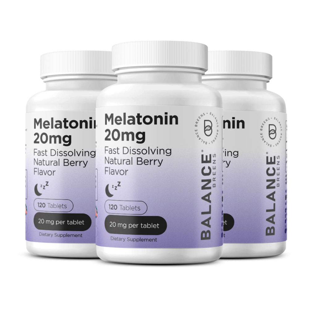 Balancebreens Melatonin 20mg fast-dissolve tablet in bottle highlights quick sleep support.
