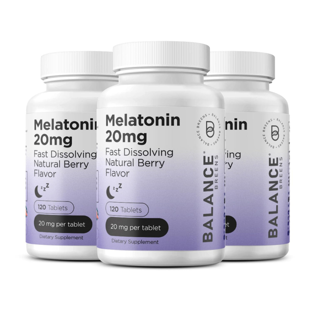 Balancebreens Melatonin 20mg fast-dissolve tablet in bottle highlights quick sleep support.
