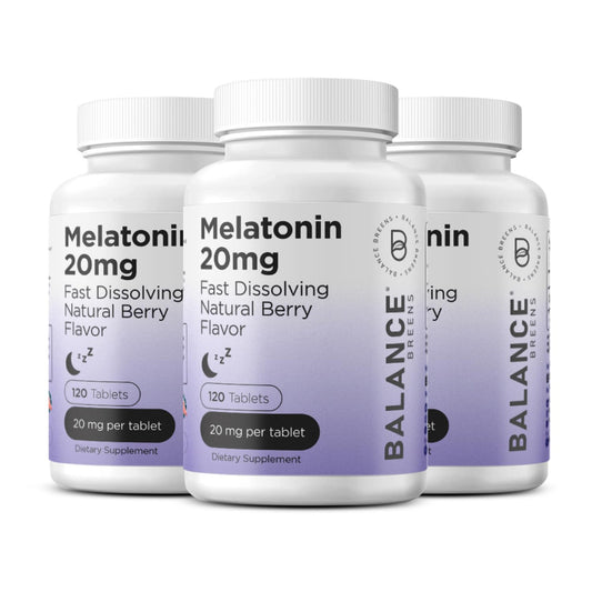 Balancebreens Melatonin 20mg fast-dissolve tablet in bottle highlights quick sleep support.