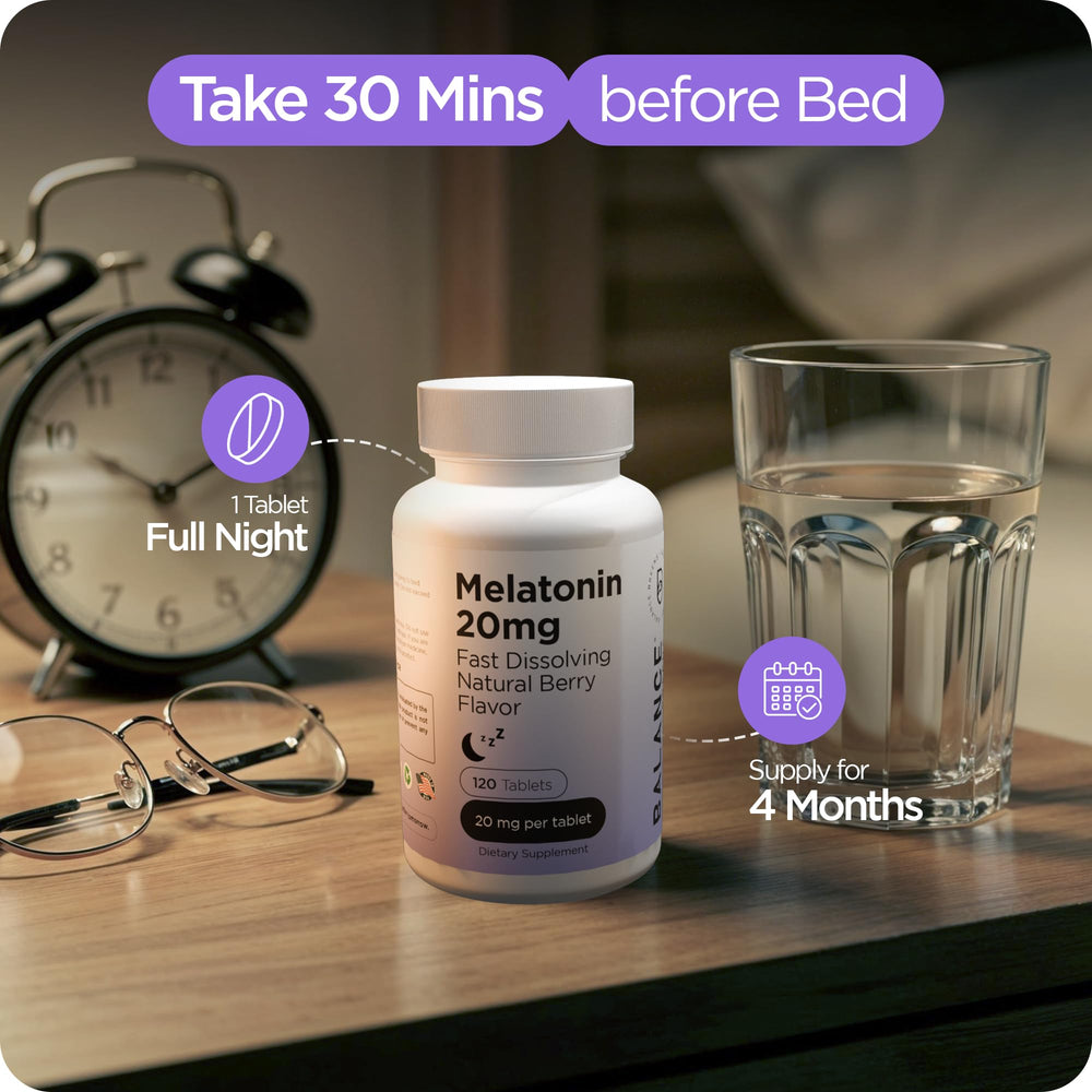 Balancebreens Melatonin 20mg aids night shift routines shown beside clock.
