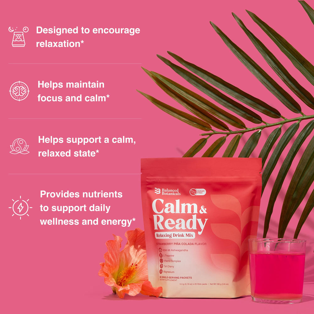 Balanced Botanicals Calm and Ready dissolving in water visual for a refreshing, caffeine-free calm boost.