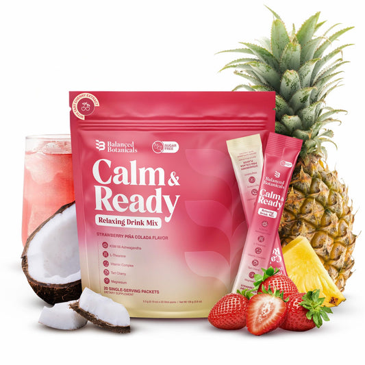 Balanced Botanicals Calm and Ready powder mix in strawberry pina colada packet for daily relaxation.