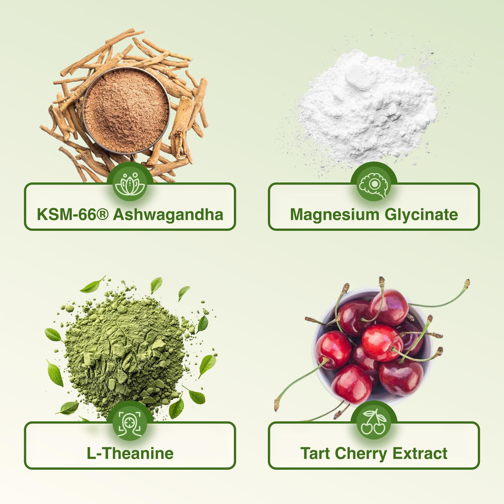 Close-up of tart cherry and vitamins in Calm Ready ingredients.