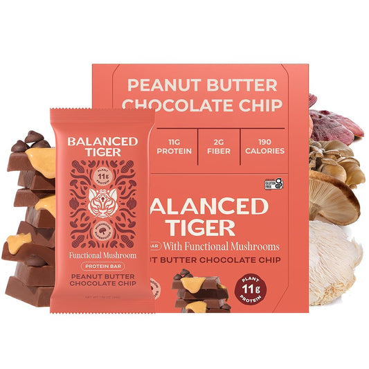 Balanced Tiger functional mushroom bars pack shot highlights convenient plant protein for on-the-go snacking.
