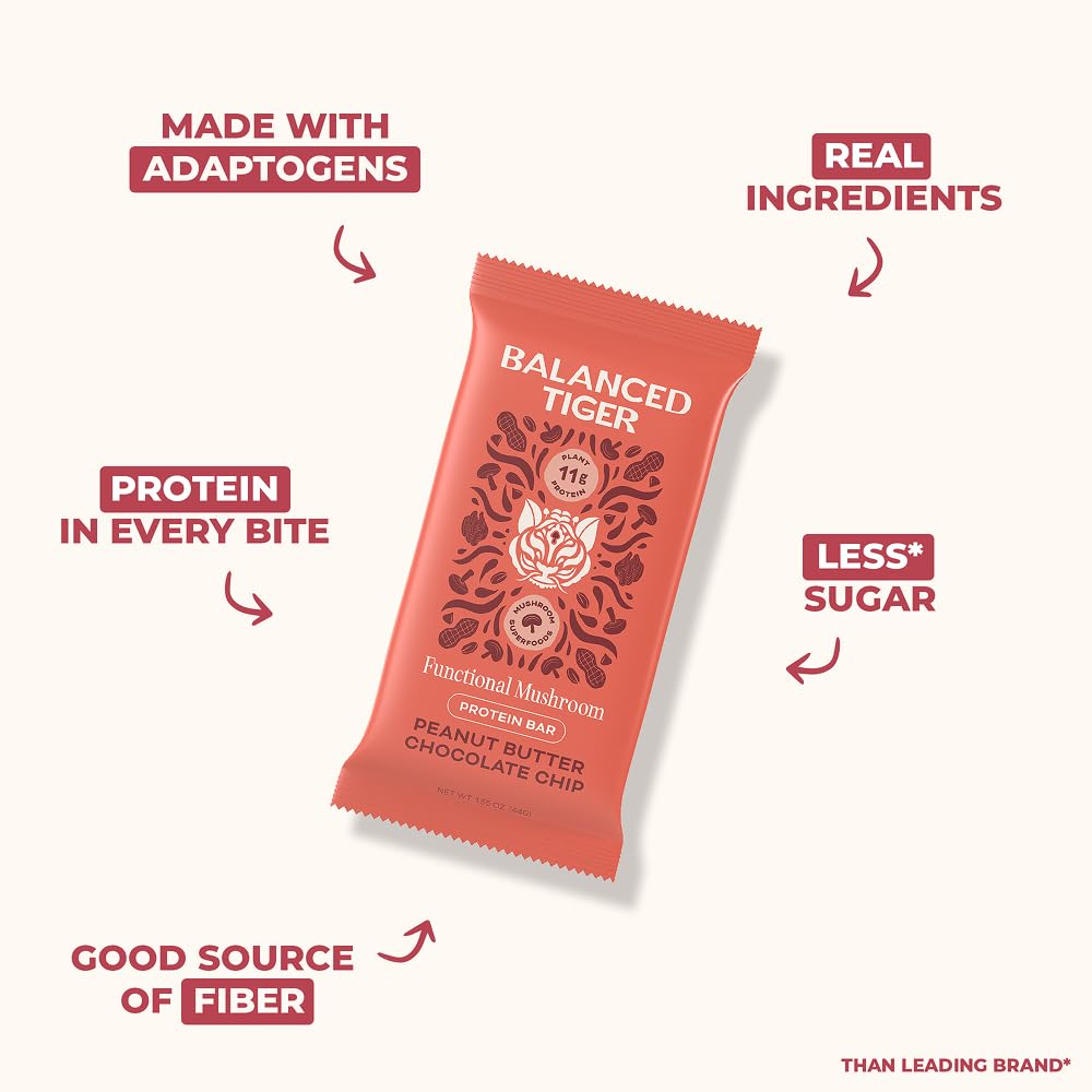 Balanced Tiger peanut butter chocolate bar closeup emphasizes tasty, energy-boosting plant protein.
