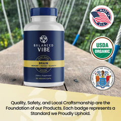 Balanced Vibe capsules with botanical imagery signaling mental stamina.