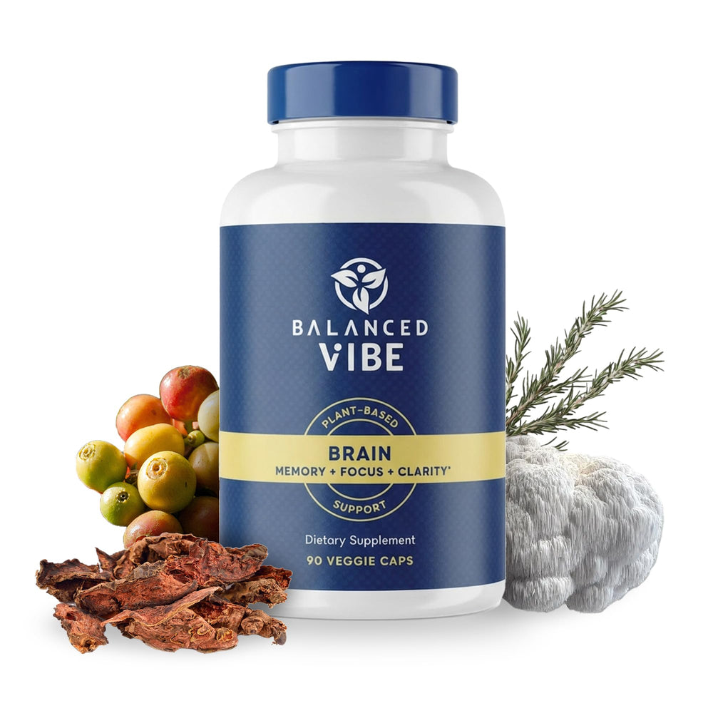Balanced Vibe Brain Formula bottle on a desk for daily cognitive support.