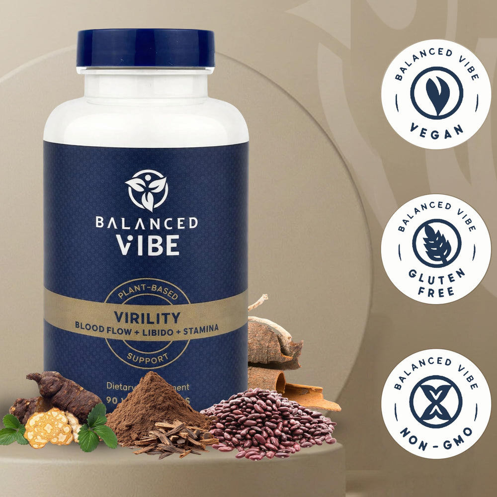 Balanced Vibe Horny Goat Weed capsules close-up for natural vitality support.
