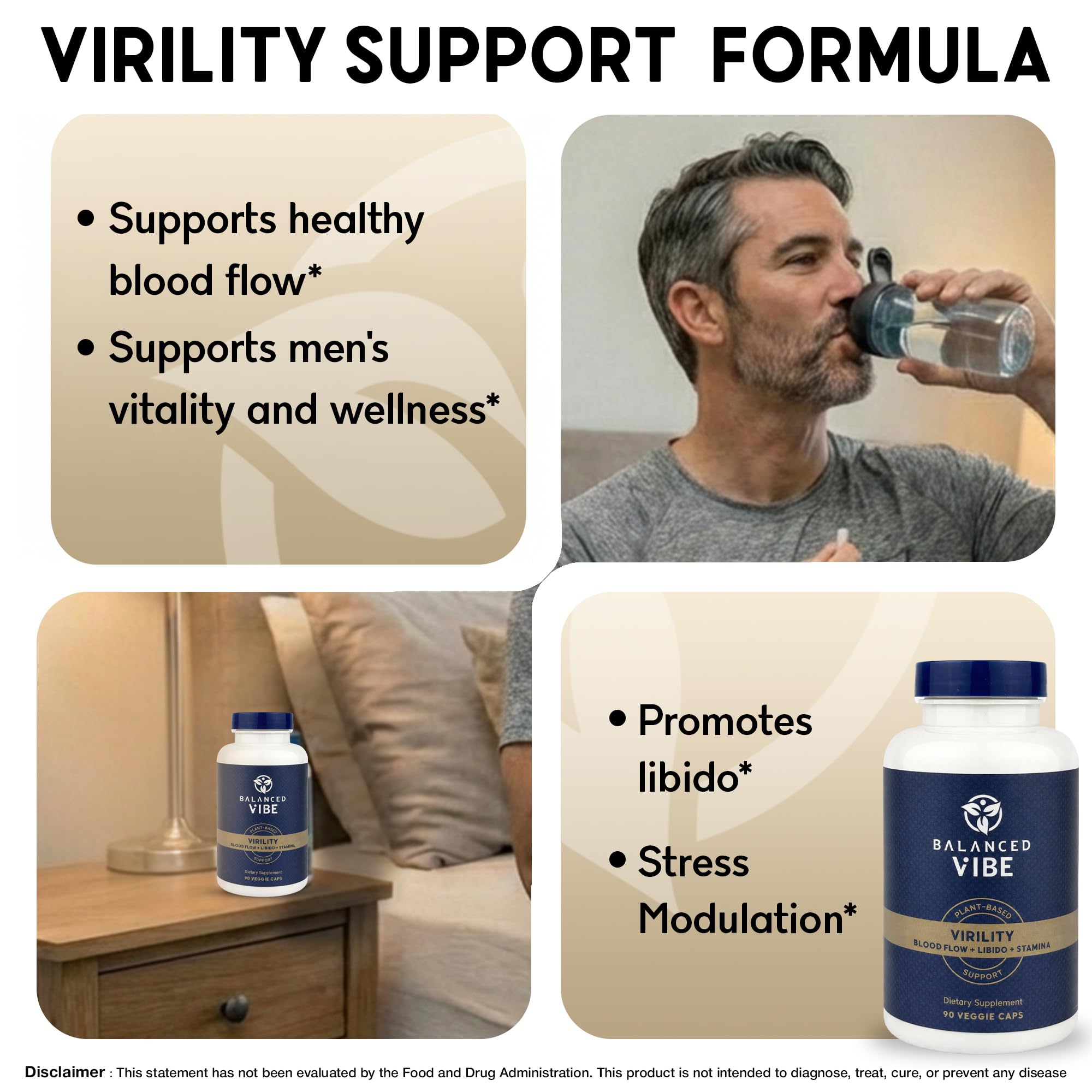 Balanced Vibe Men's Vitality capsules close-up showing smooth surface for daily support.