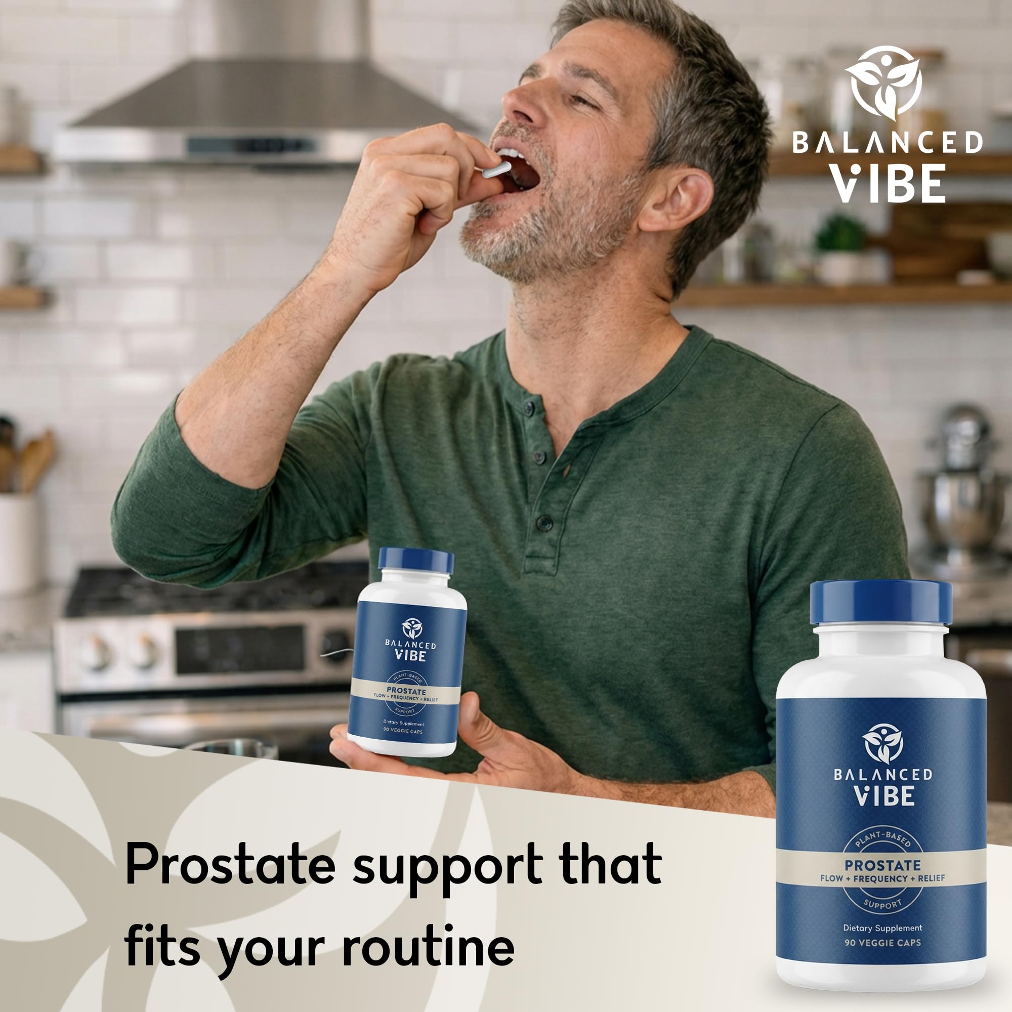 Balanced Vibe prostate wellness bottle on table in a home setting