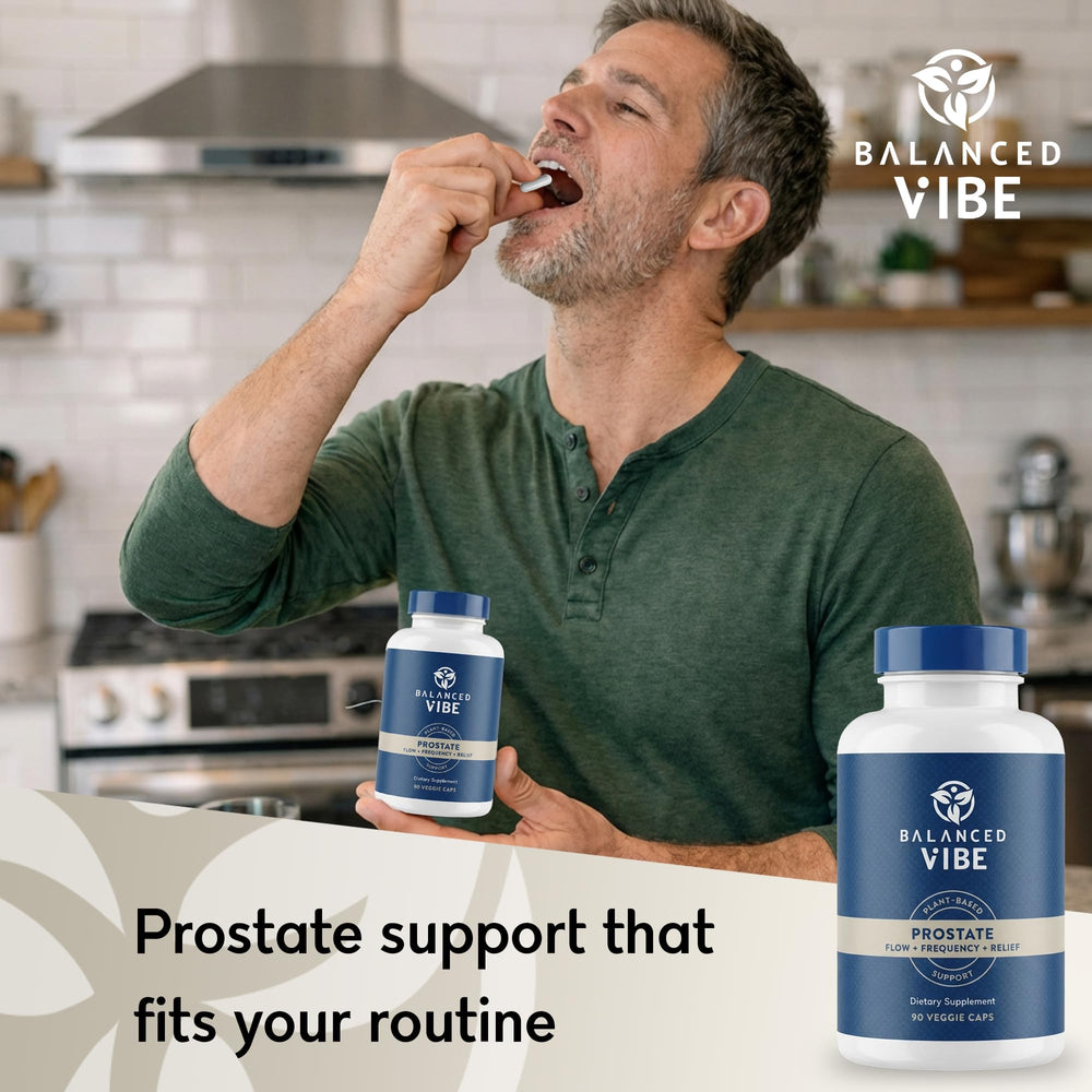 Balanced Vibe prostate wellness bottle on table in a home setting