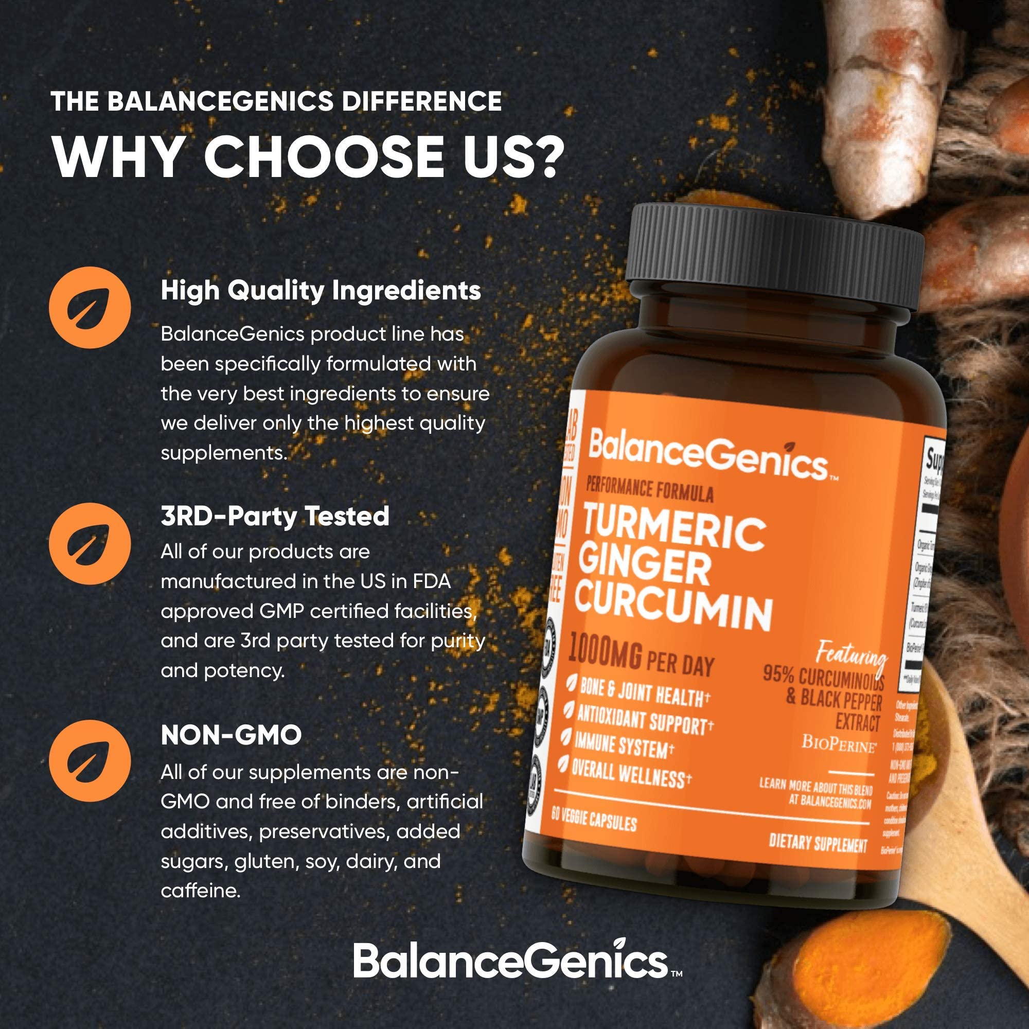 BalanceGenics 95% curcuminoids label emphasizes high-potency turmeric.