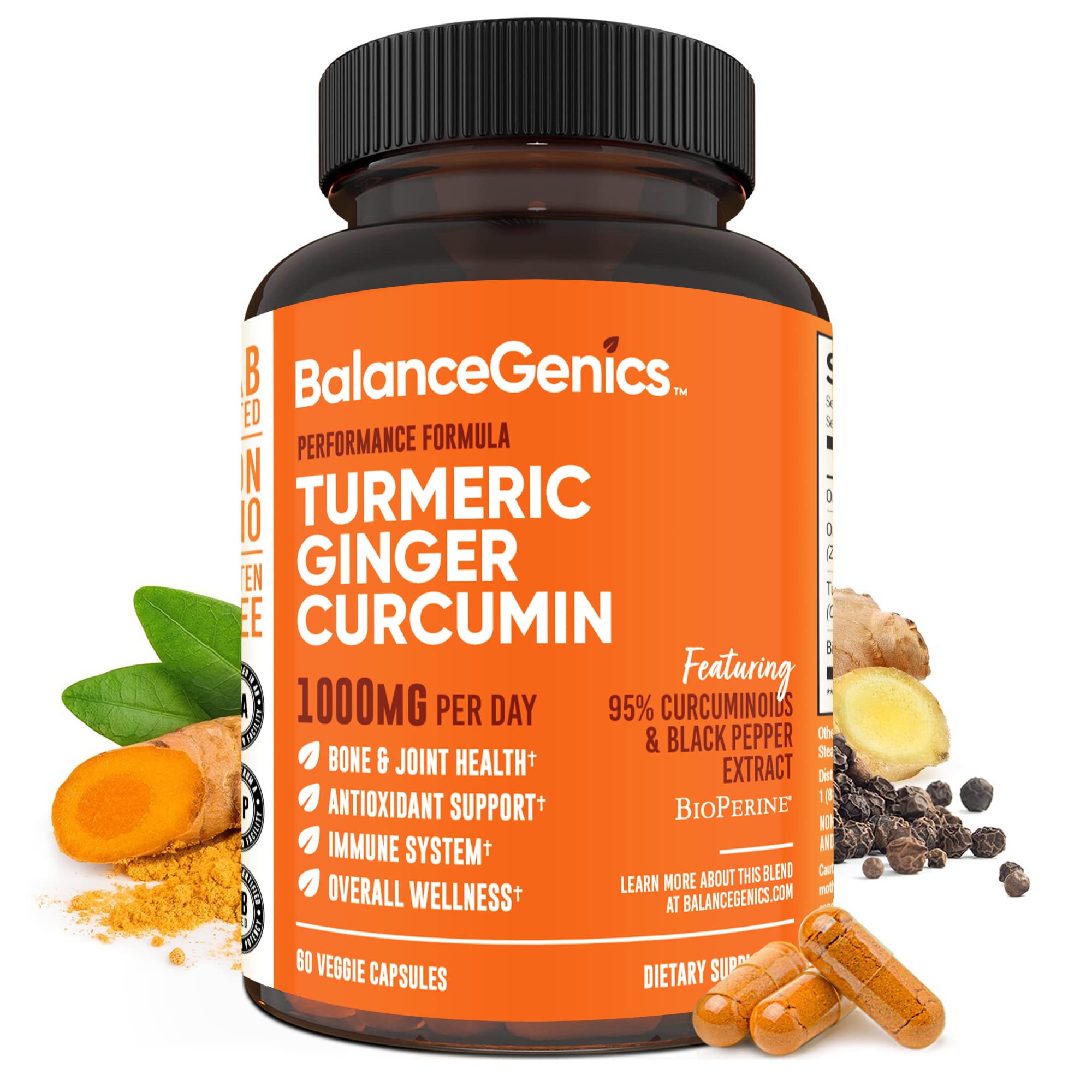 BalanceGenics Turmeric Curcumin bottle front showing joint health support with black pepper and ginger.