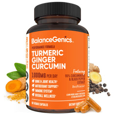 BalanceGenics Turmeric Curcumin bottle front showing joint health support with black pepper and ginger.