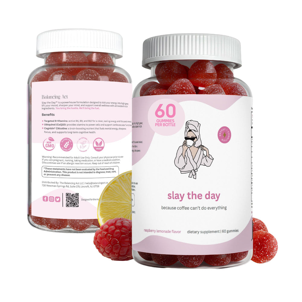 Balancing Act Slay The Day energy gummies bottle closeup for caffeine-free focus support