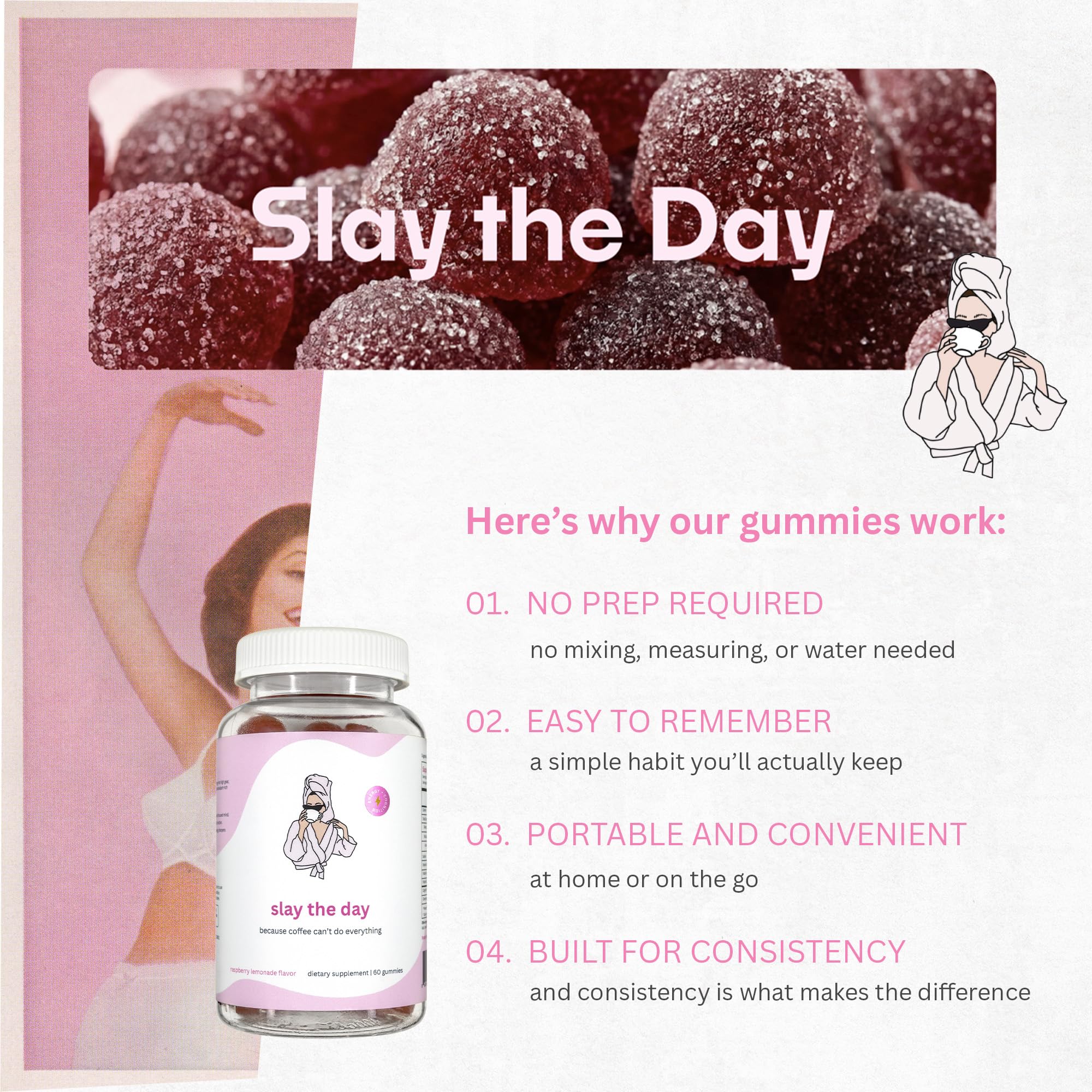 Balancing Act Slay The Day gummies on counter for daily routine
