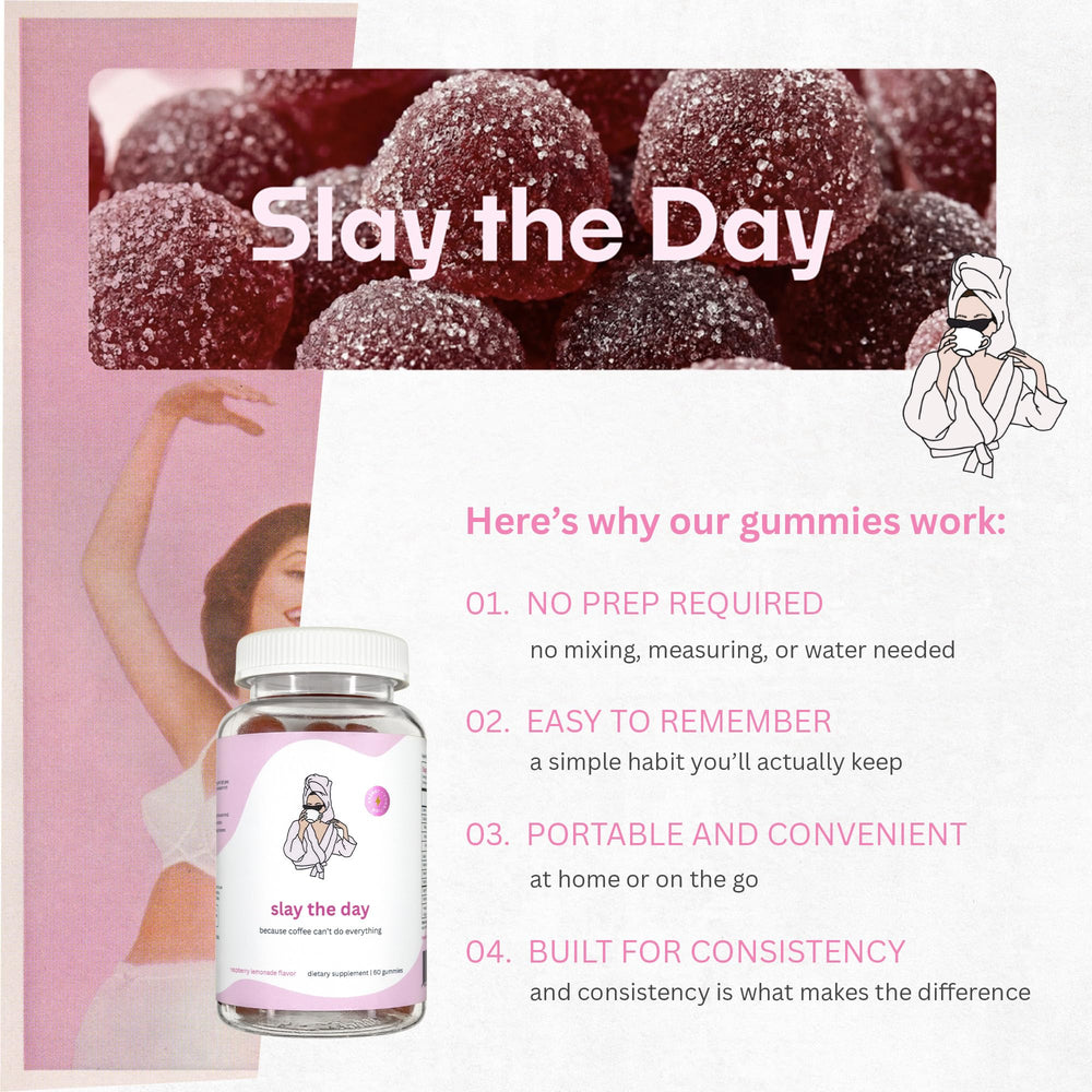 Balancing Act Slay The Day gummies on counter for daily routine