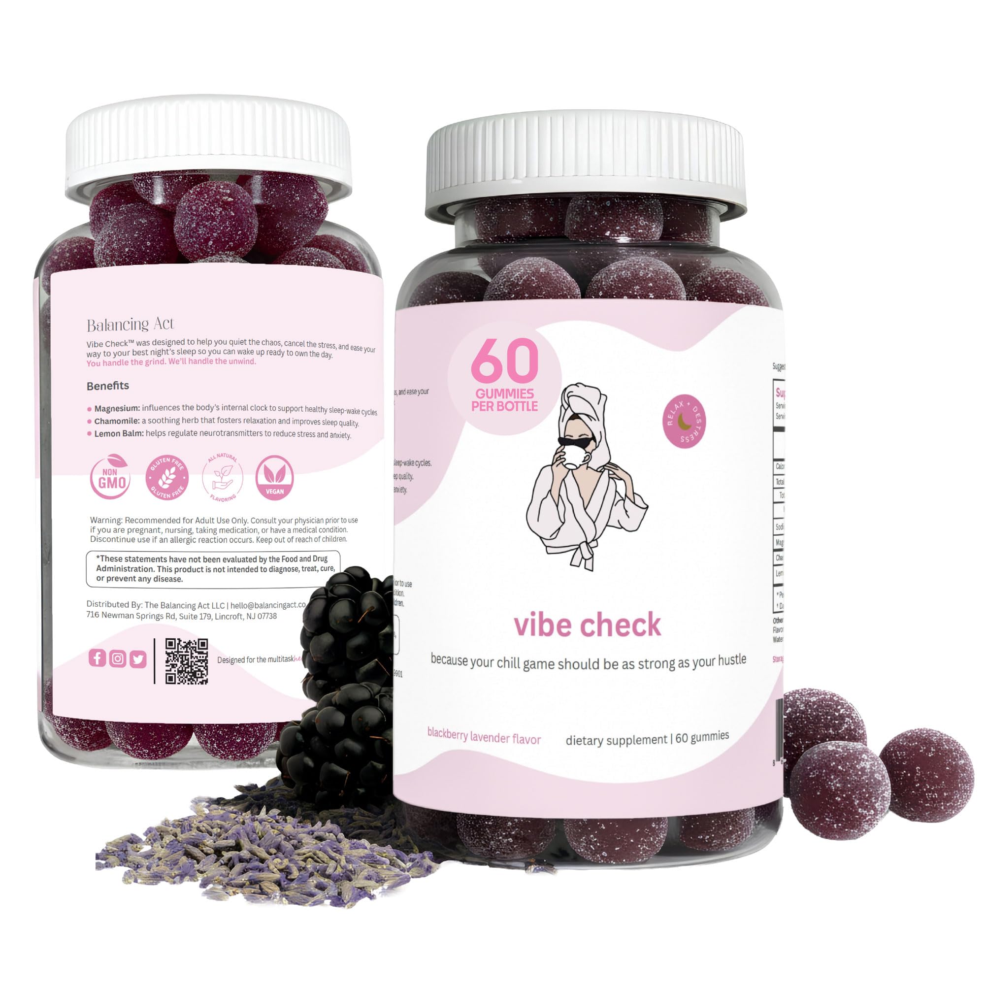 Balancing Act Vibe Check bottle pour demonstrates melatonin-free calm for evening routines