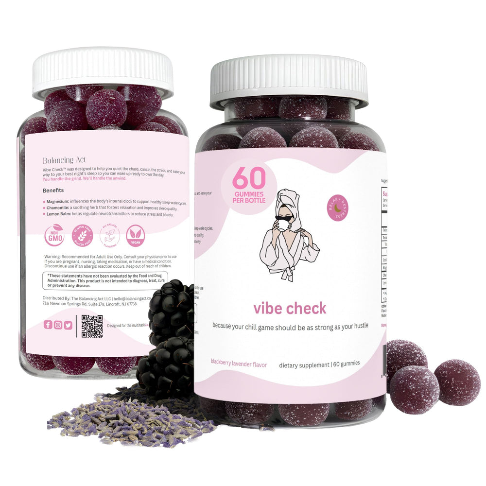 Balancing Act Vibe Check bottle pour demonstrates melatonin-free calm for evening routines