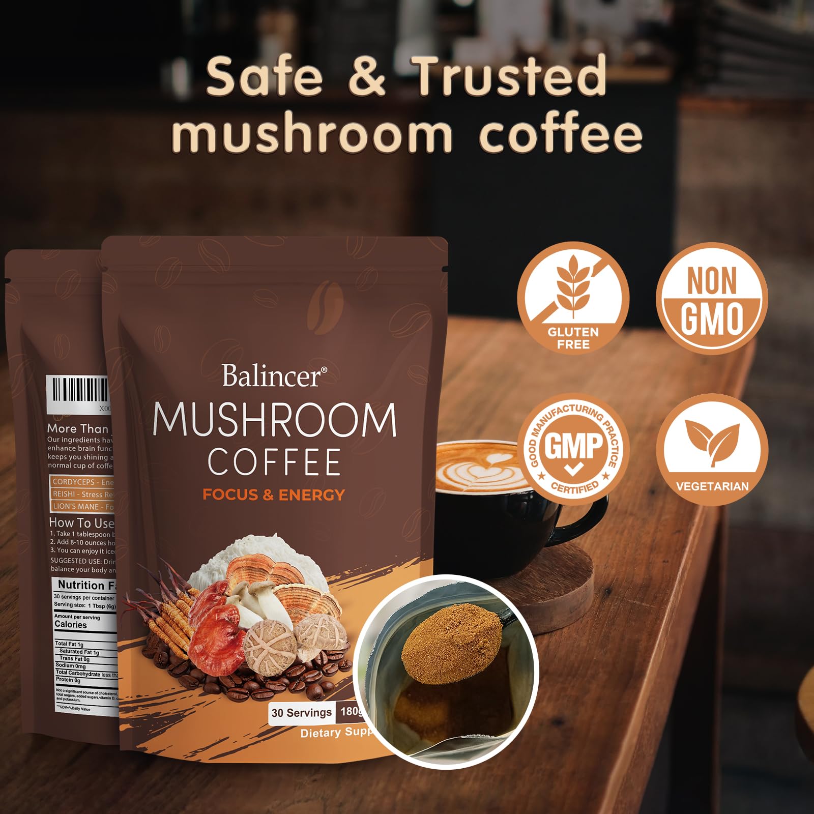 Balincer Mushroom Coffee on a desk ready to power study session.