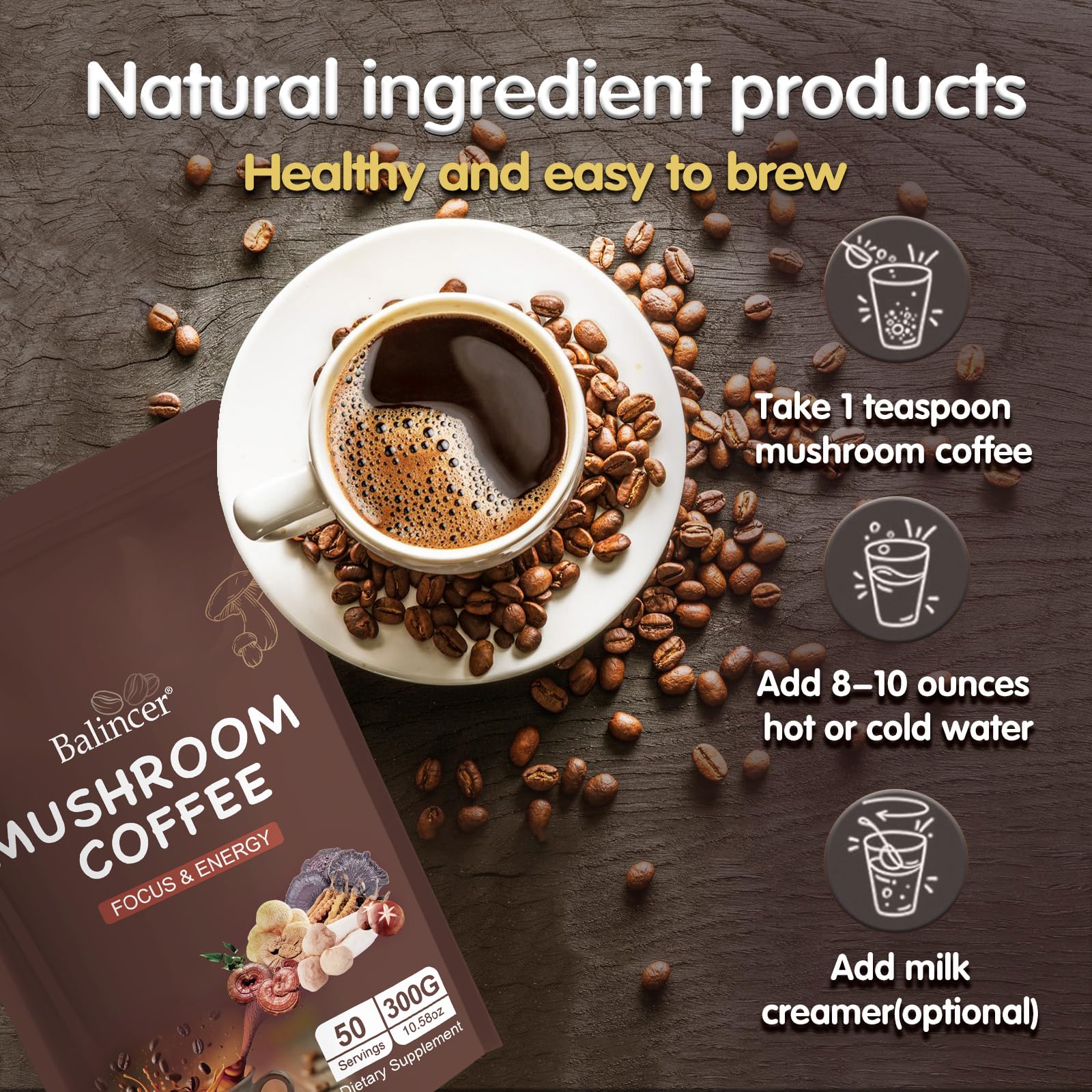 Balincer Mushroom Coffee bag label notes non-GMO and premium ingredients.