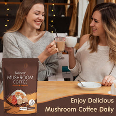 Balincer Mushroom Coffee latte setup with milk foam for creaminess.