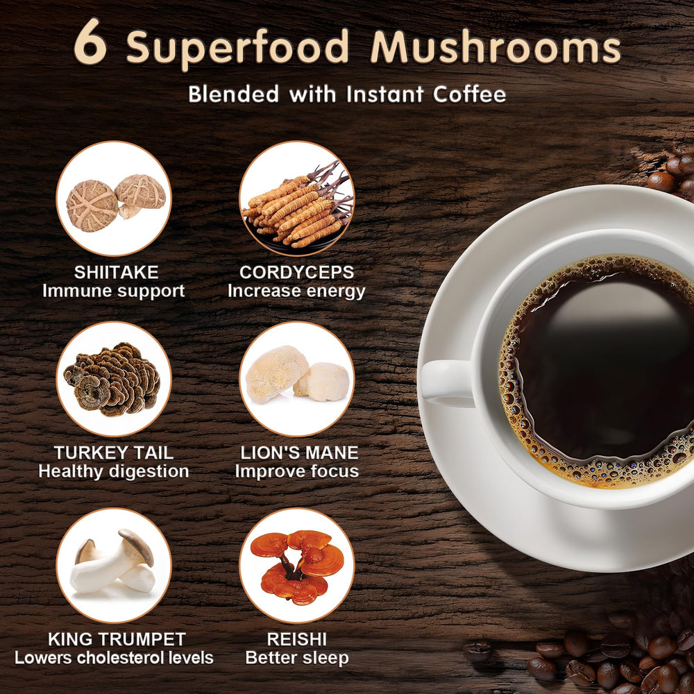 Balincer Mushroom Coffee mug with steam signaling a quick energy boost.