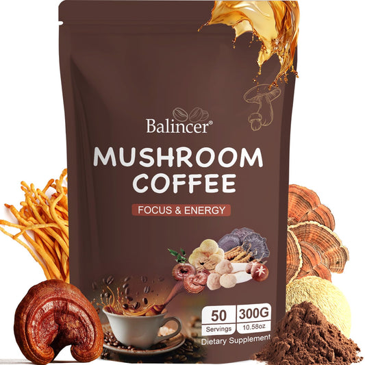 Balincer Mushroom Coffee powder blend with six adaptogens for focused energy.