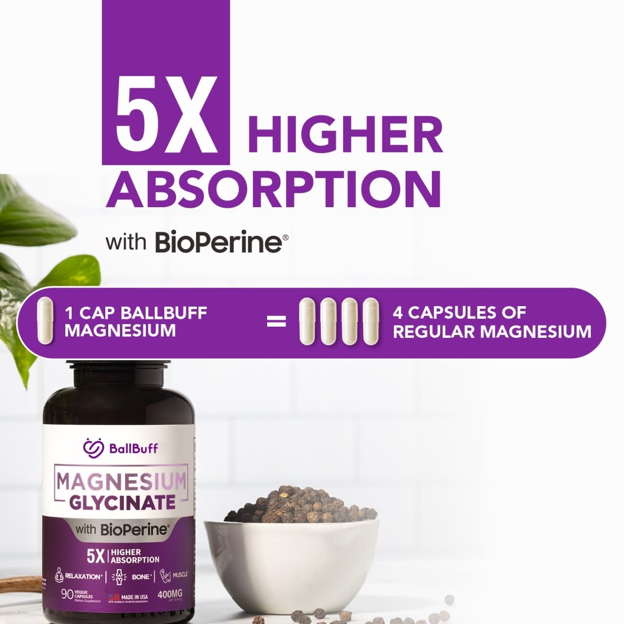 BallBuff capsules close-up showing chelated magnesium.