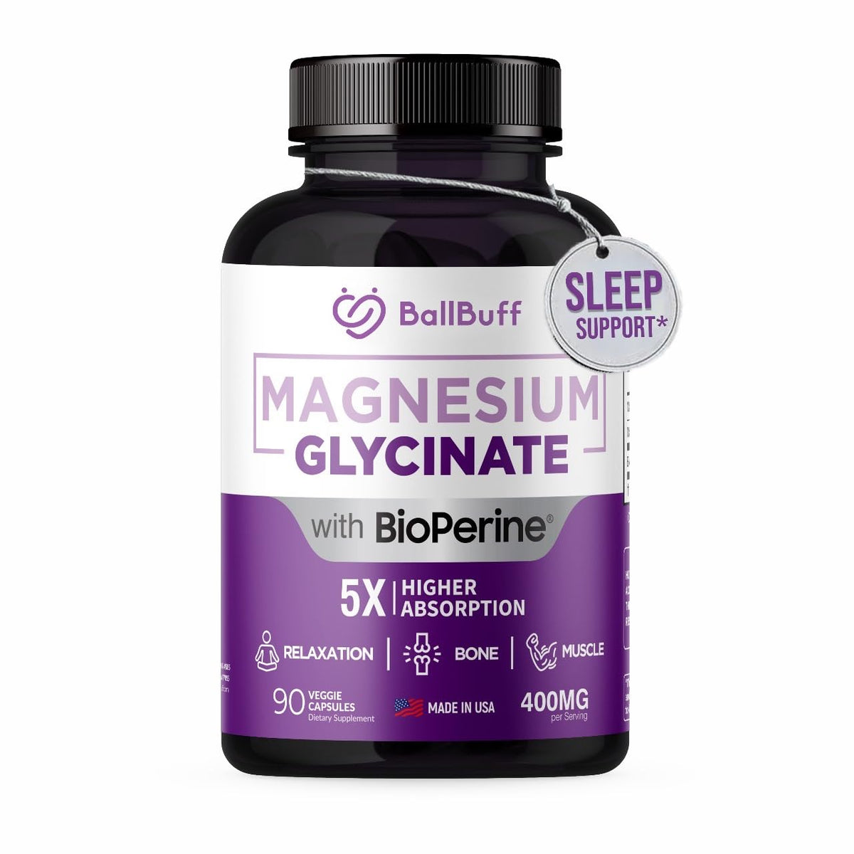 BallBuff magnesium glycinate bottle for daily high absorption.