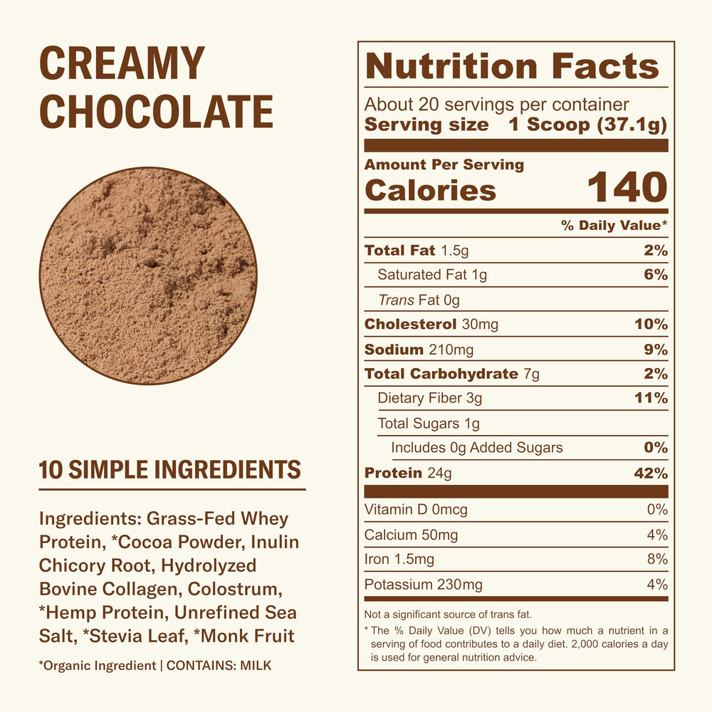 Ballerina Farm creamy chocolate whey powder with smooth texture for shakes and smoothies