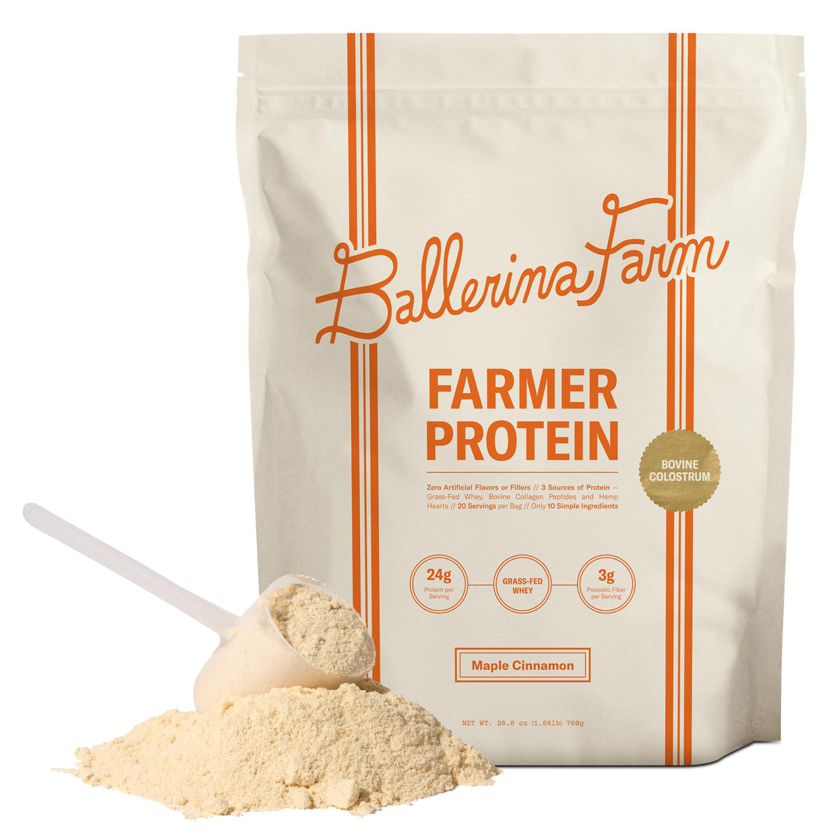 Ballerina Farm grass-fed whey maple cinnamon tub front, clean ingredients for everyday protein