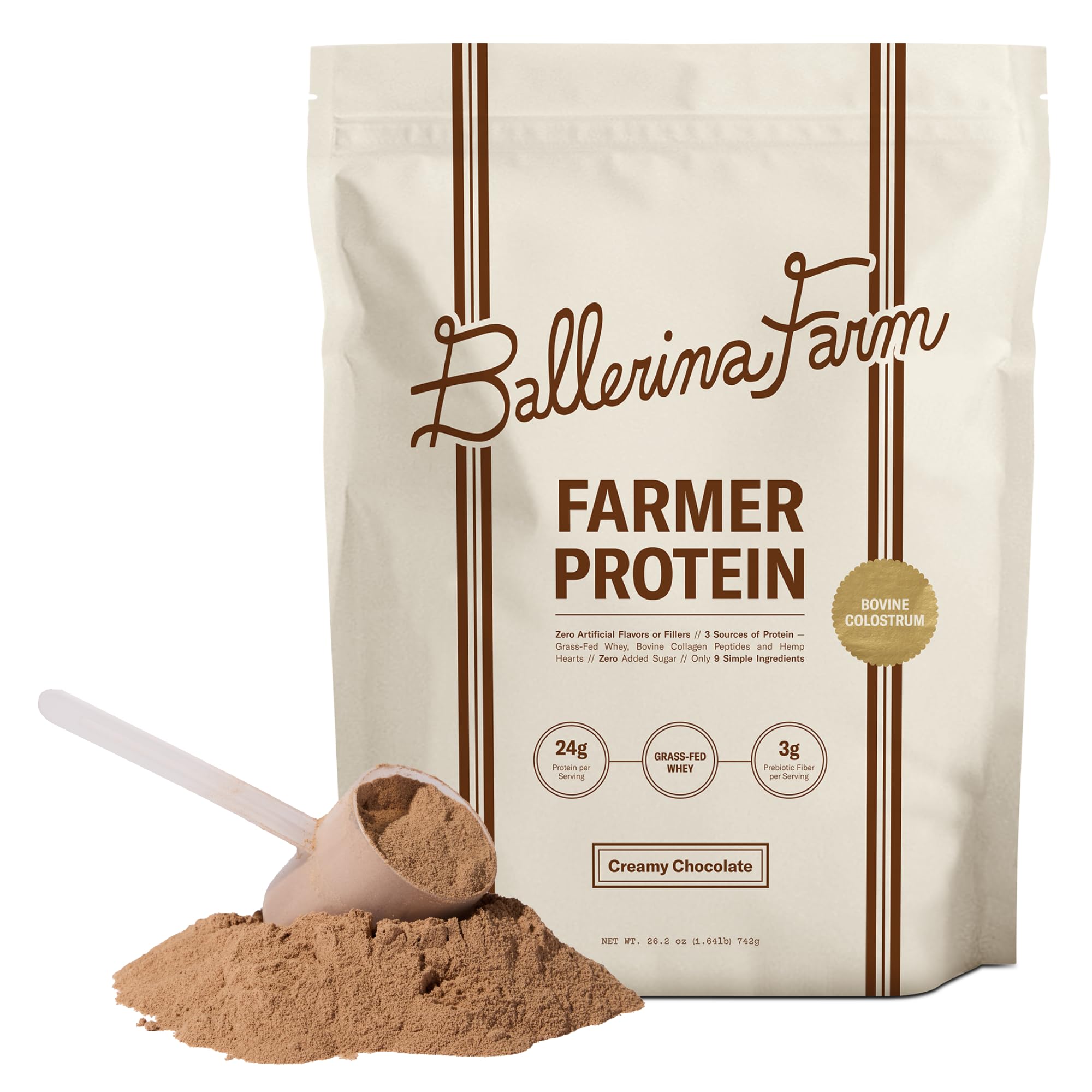 Ballerina Farm grass-fed whey protein powder in creamy chocolate, ideal for shakes and post-workout recipes