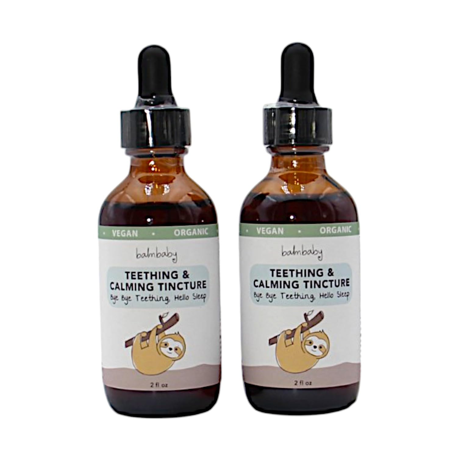 BALM! Baby teething tincture bottle front shows natural calming support for gums.