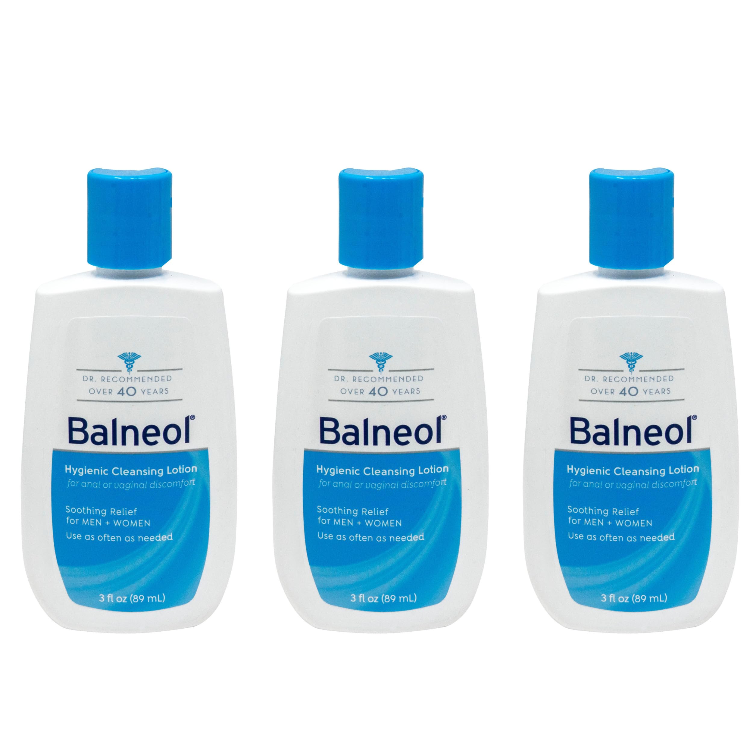 Balneol cleansing lotion bottle demonstrates gentle, non-irritating cleansing for intimate areas.