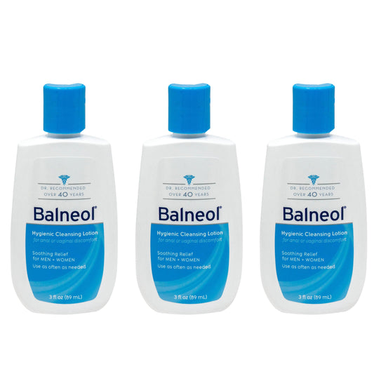 Balneol cleansing lotion bottle demonstrates gentle, non-irritating cleansing for intimate areas.