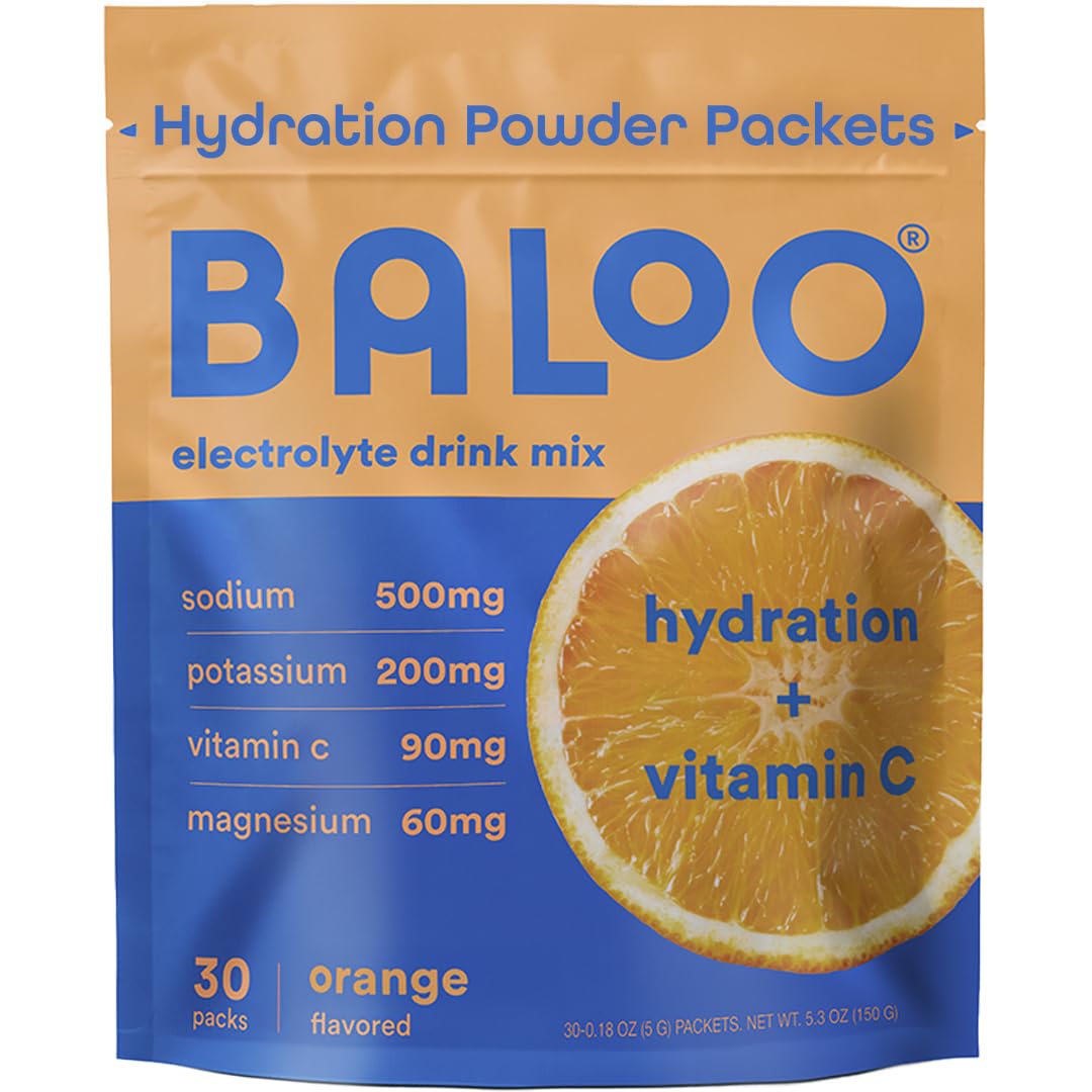 Baloo Electrolytes orange packet dissolves in water for refreshing hydration.
