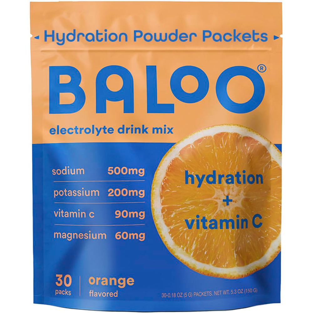 Baloo Electrolytes orange packet dissolves in water for refreshing hydration.