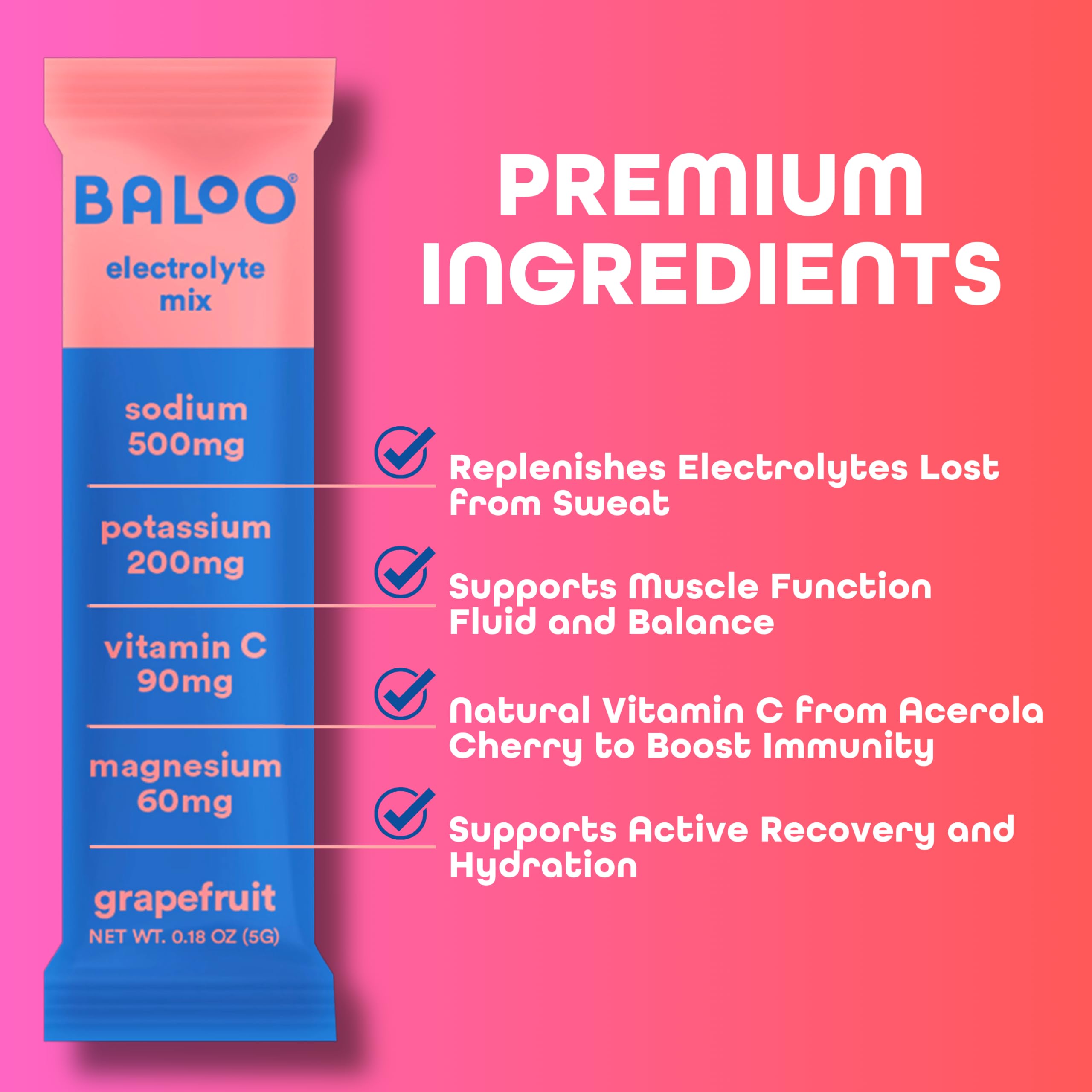 Baloo electrolyte packet dissolving in water revealing crisp grapefruit flavor