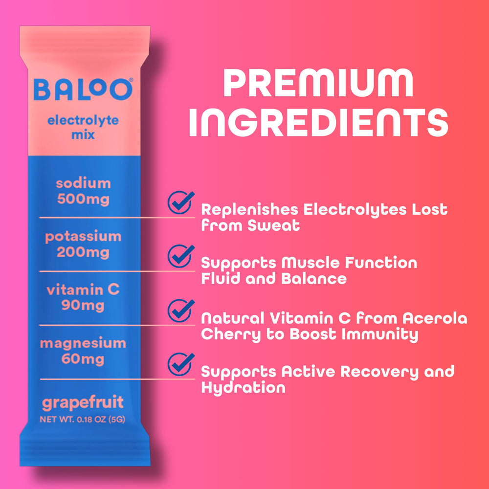 Baloo electrolyte packet dissolving in water revealing crisp grapefruit flavor