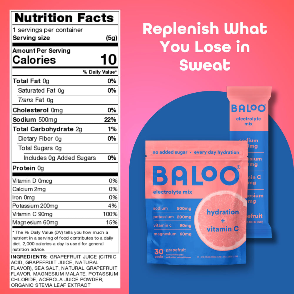 Baloo grapefruit packet label close-up showing real fruit flavor for hydration