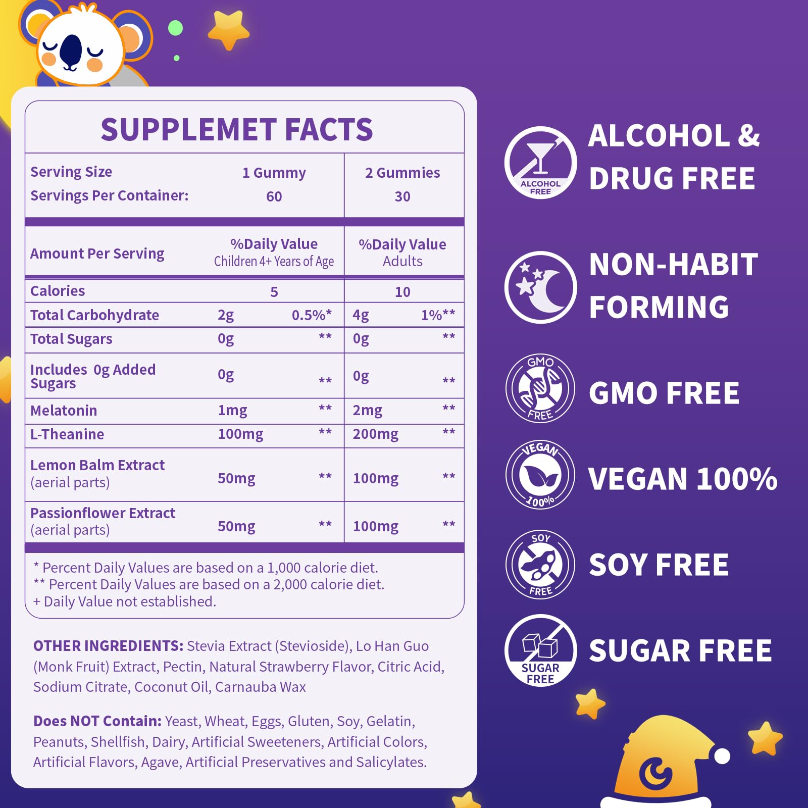 Bamofany kids melatonin gummies bottle back highlights ingredients and usage for parents.