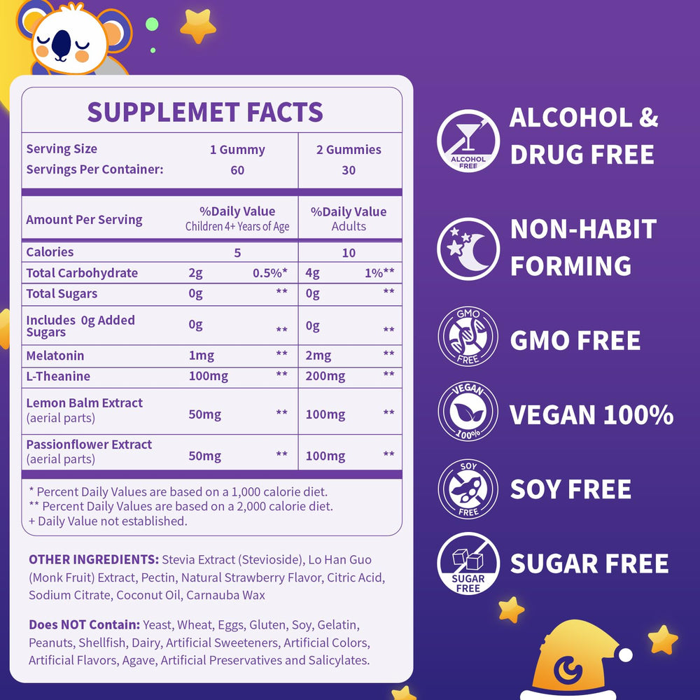 Bamofany kids melatonin gummies bottle back highlights ingredients and usage for parents.